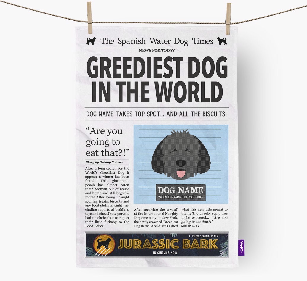 The {breedShortName} Times 'Greediest Dog In The World' Personalised Tea Towel