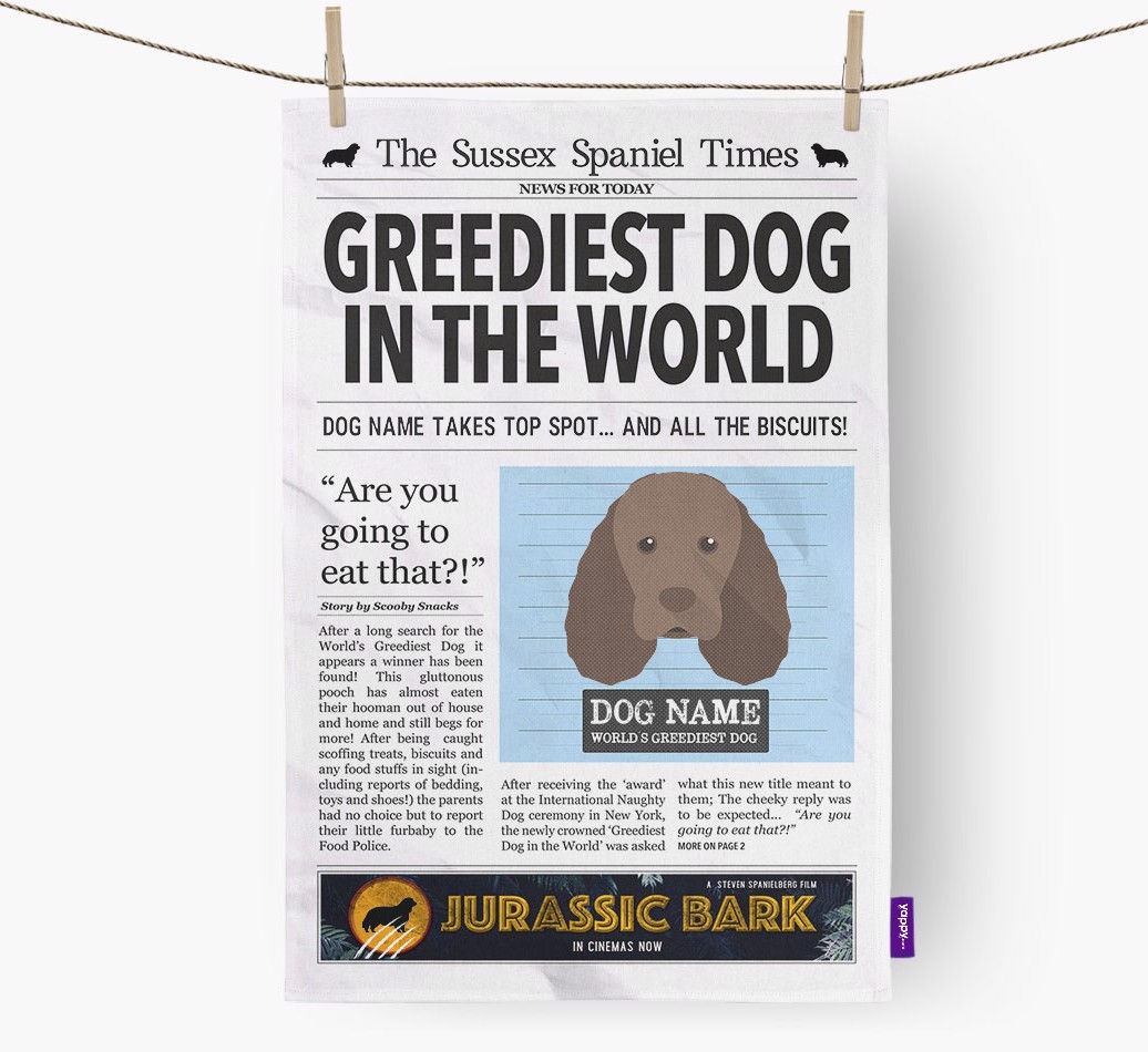 The {breedShortName} Times 'Greediest Dog In The World' Personalised Tea Towel