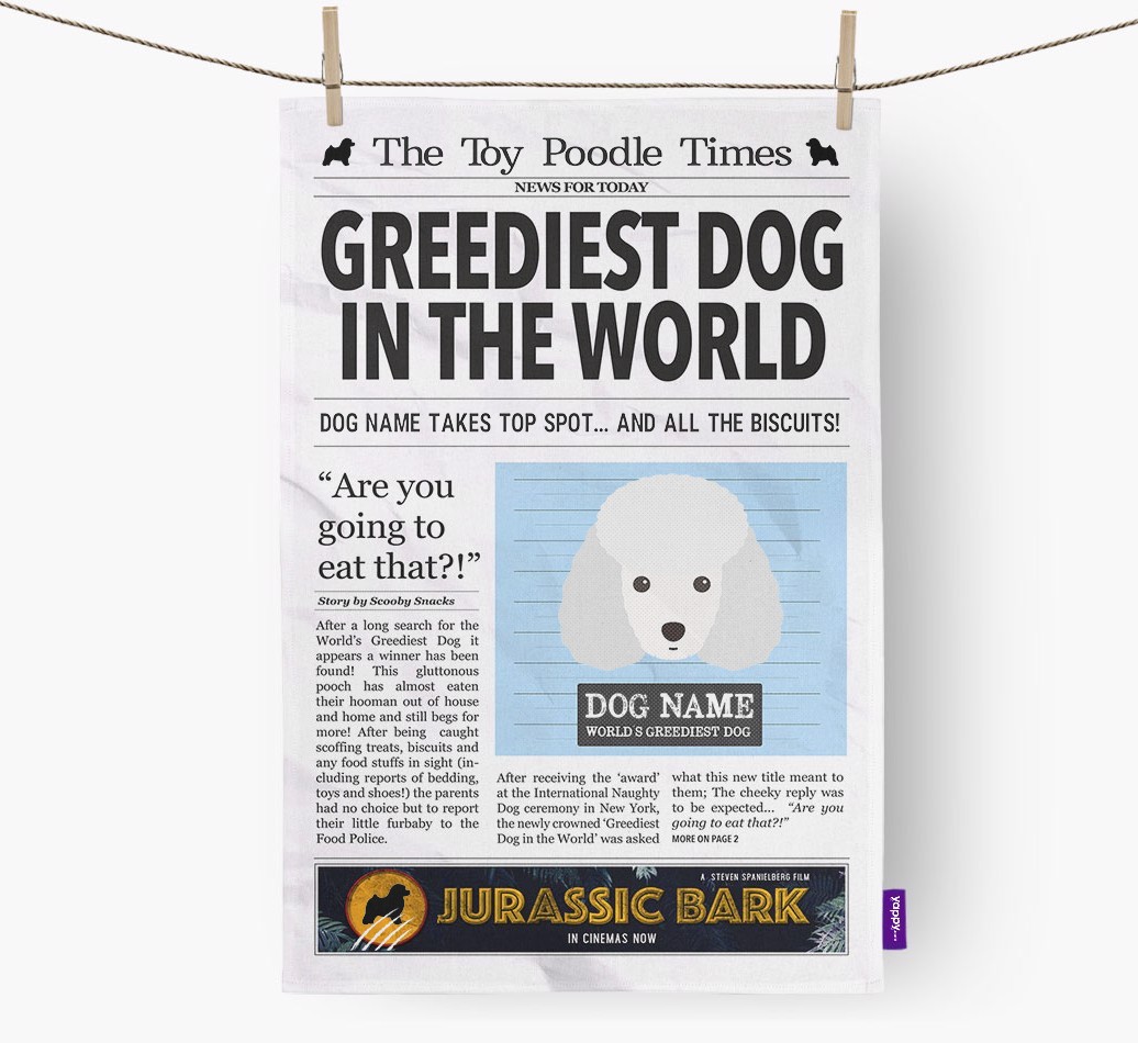 The {breedShortName} Times 'Greediest Dog In The World' Personalised Tea Towel