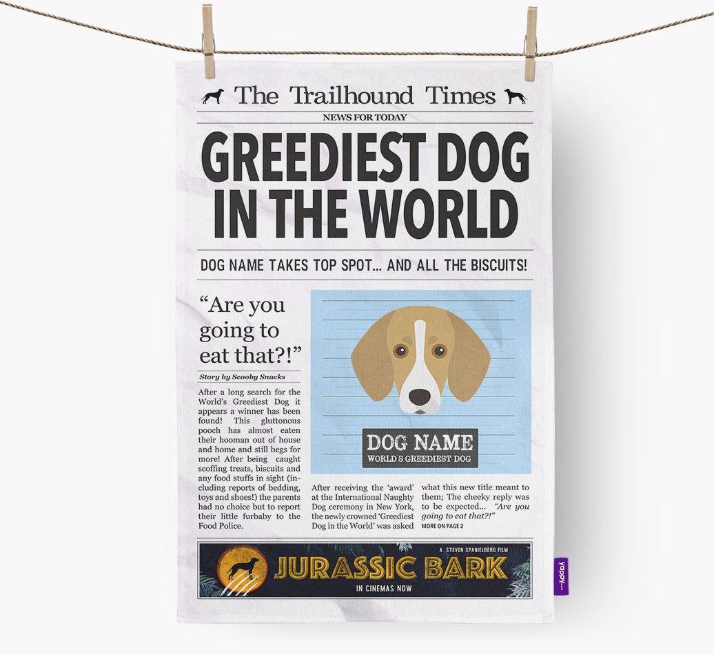 The {breedShortName} Times 'Greediest Dog In The World' Personalised Dish Towel