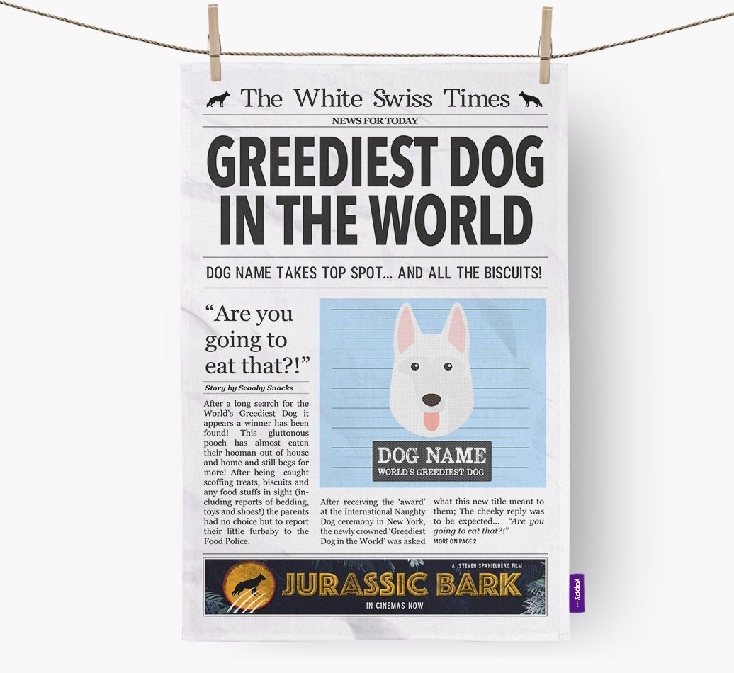 The {breedShortName} Times 'Greediest Dog In The World' Personalised Tea Towel
