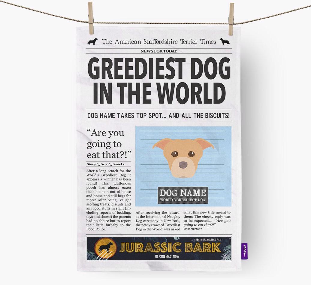 The {breedShortName} Times 'Greediest Dog In The World' Personalised Dish Towel