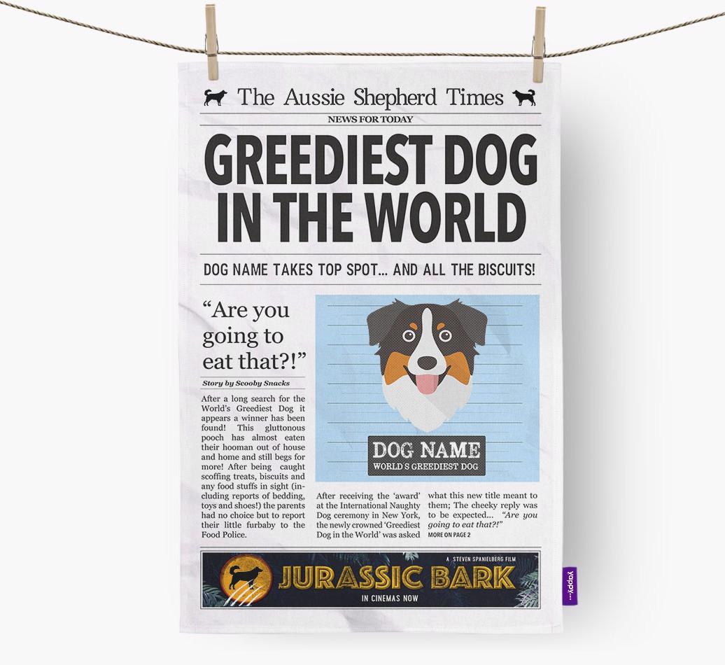 The {breedShortName} Times 'Greediest Dog In The World' Personalised Dish Towel