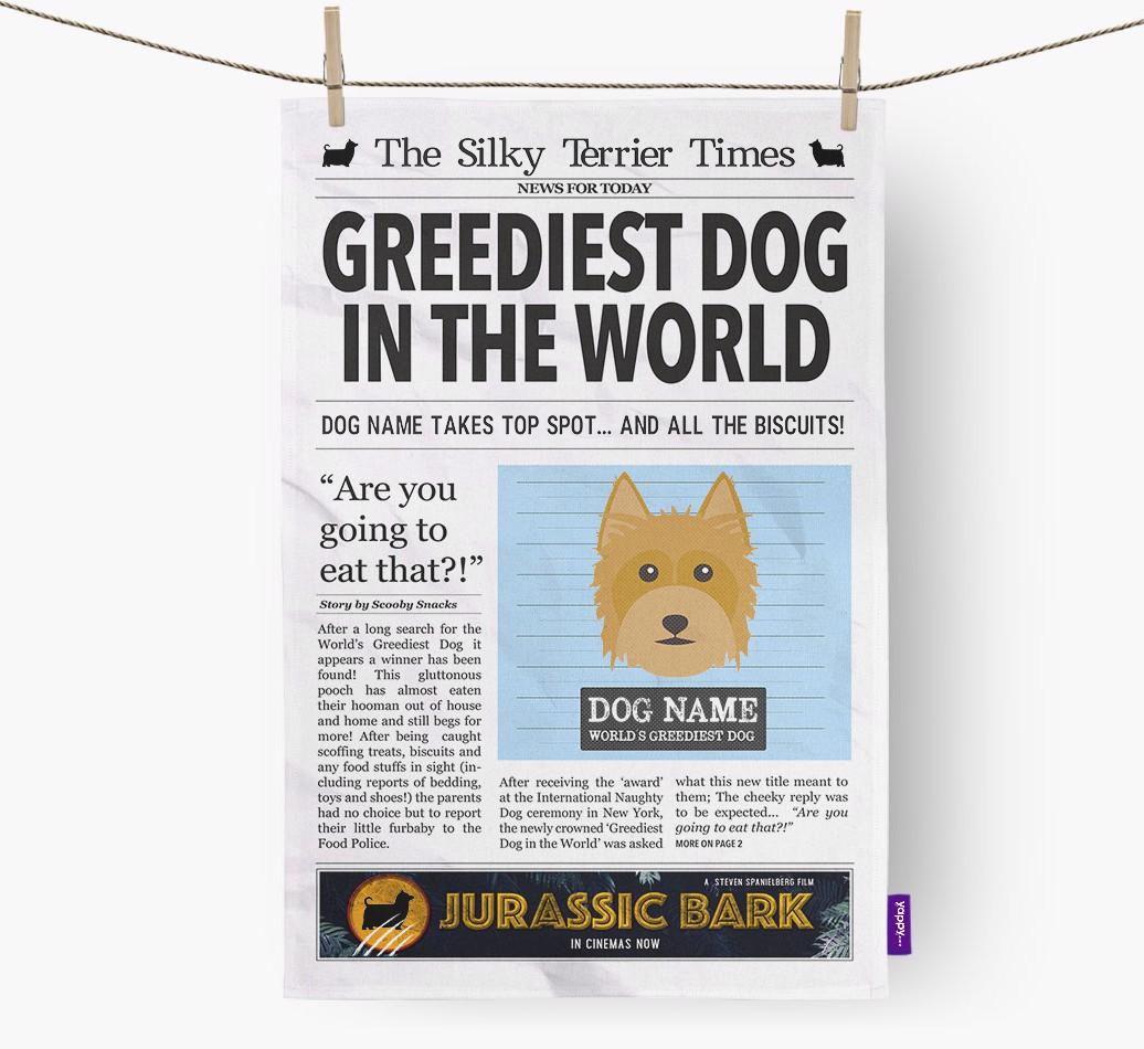 The {breedShortName} Times 'Greediest Dog In The World' Personalised Dish Towel