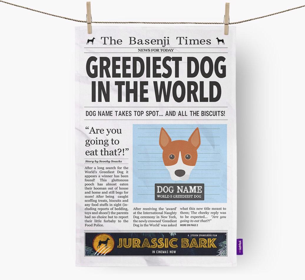 The {breedShortName} Times 'Greediest Dog In The World' Personalised Dish Towel