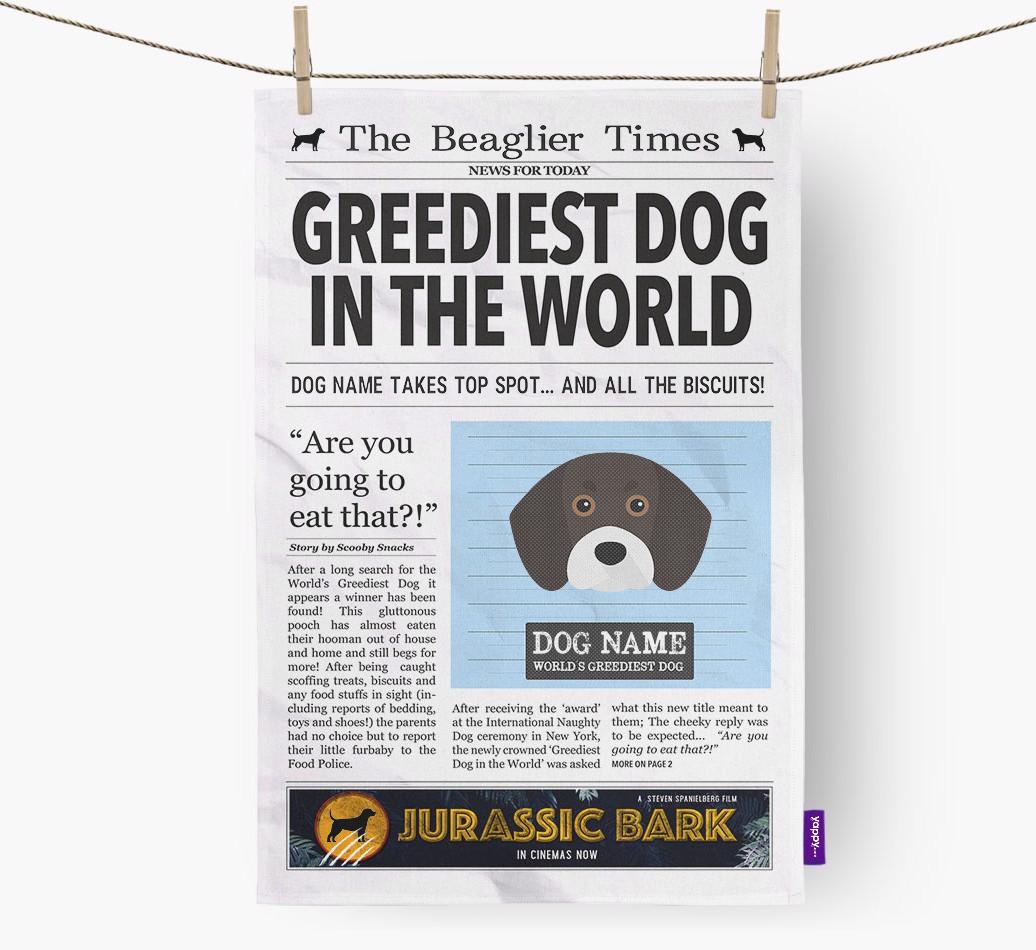 The {breedShortName} Times 'Greediest Dog In The World' Personalised Dish Towel