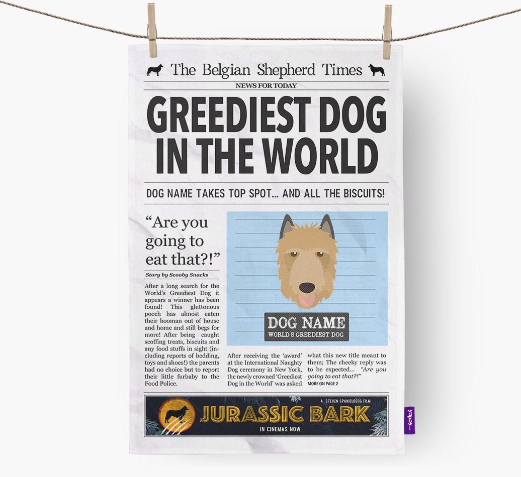 The {breedShortName} Times 'Greediest Dog In The World' Personalised Dish Towel