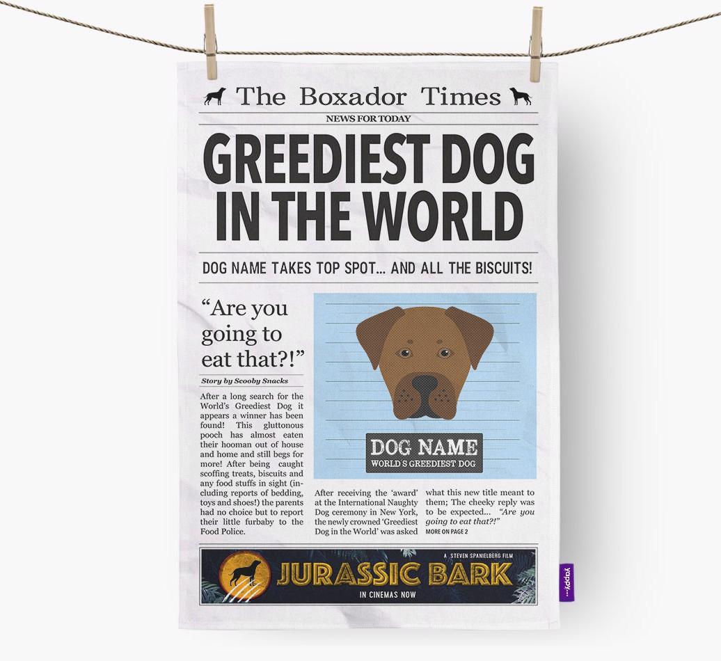The {breedShortName} Times 'Greediest Dog In The World' Personalised Dish Towel