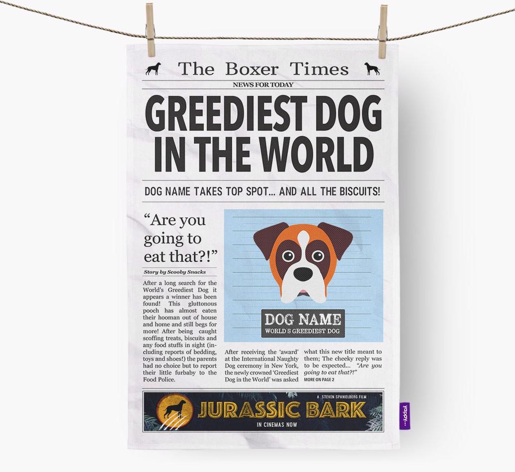 The {breedShortName} Times 'Greediest Dog In The World' Personalised Dish Towel