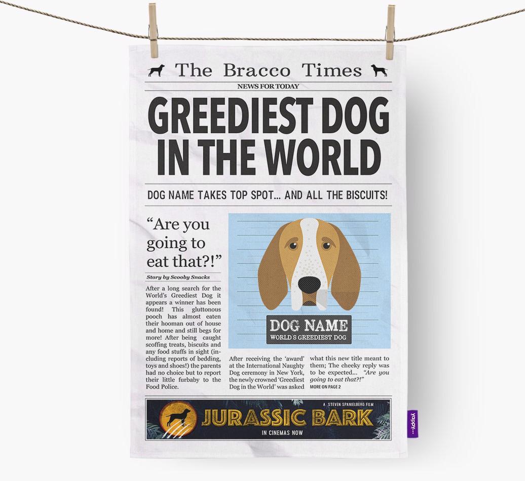 The {breedShortName} Times 'Greediest Dog In The World' Personalised Dish Towel