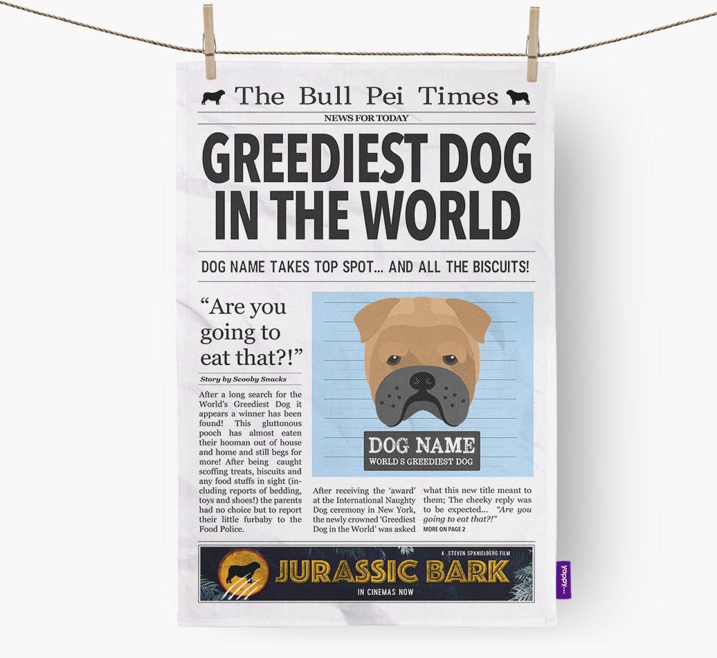 The {breedShortName} Times 'Greediest Dog In The World' Personalised Dish Towel
