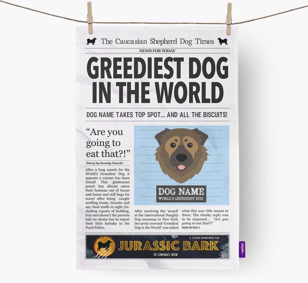 The {breedShortName} Times 'Greediest Dog In The World' Personalised Dish Towel