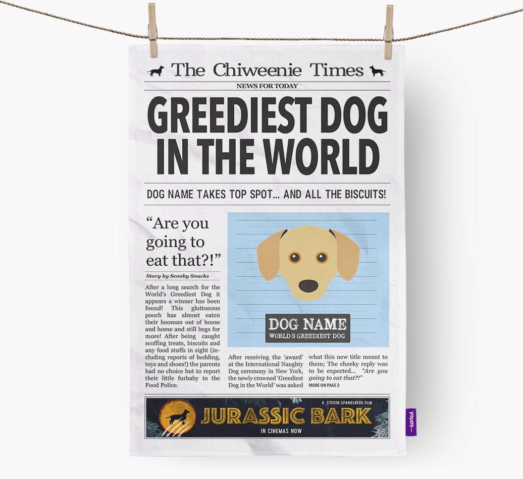 The {breedShortName} Times 'Greediest Dog In The World' Personalised Dish Towel
