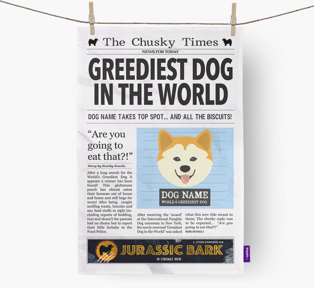 The {breedShortName} Times 'Greediest Dog In The World' Personalised Dish Towel