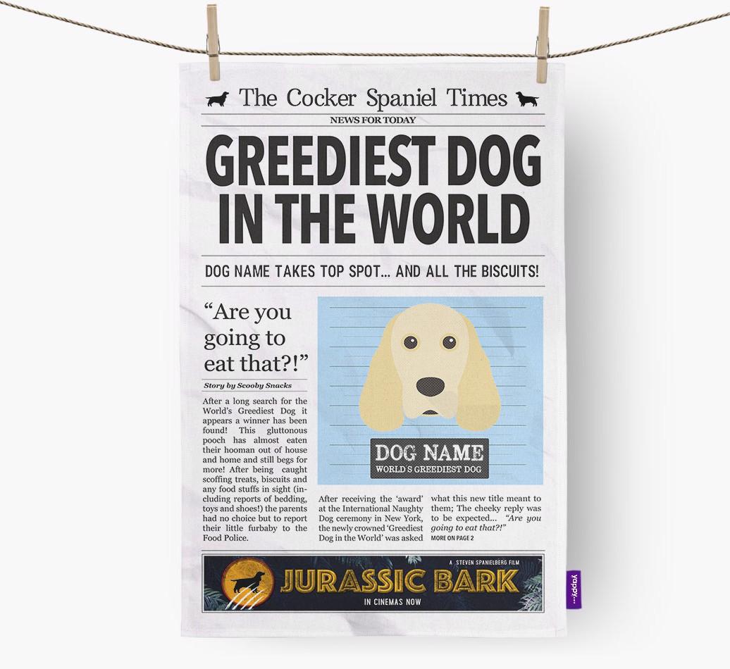 The {breedShortName} Times 'Greediest Dog In The World' Personalised Dish Towel