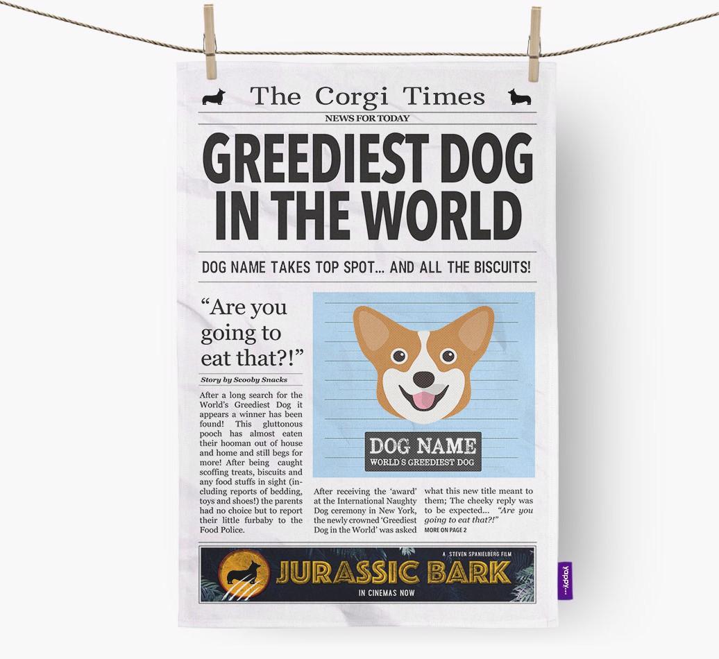 The {breedShortName} Times 'Greediest Dog In The World' Personalised Dish Towel