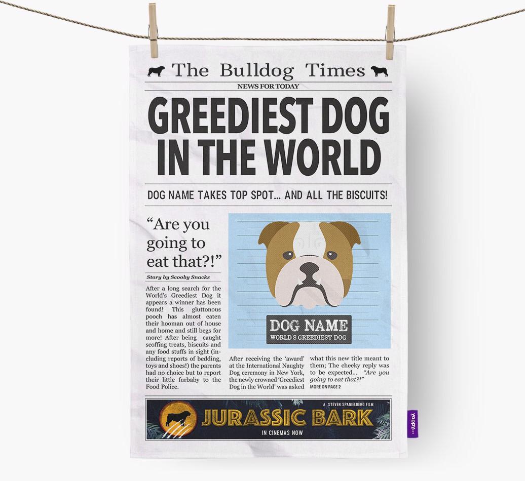 The {breedShortName} Times 'Greediest Dog In The World' Personalised Dish Towel