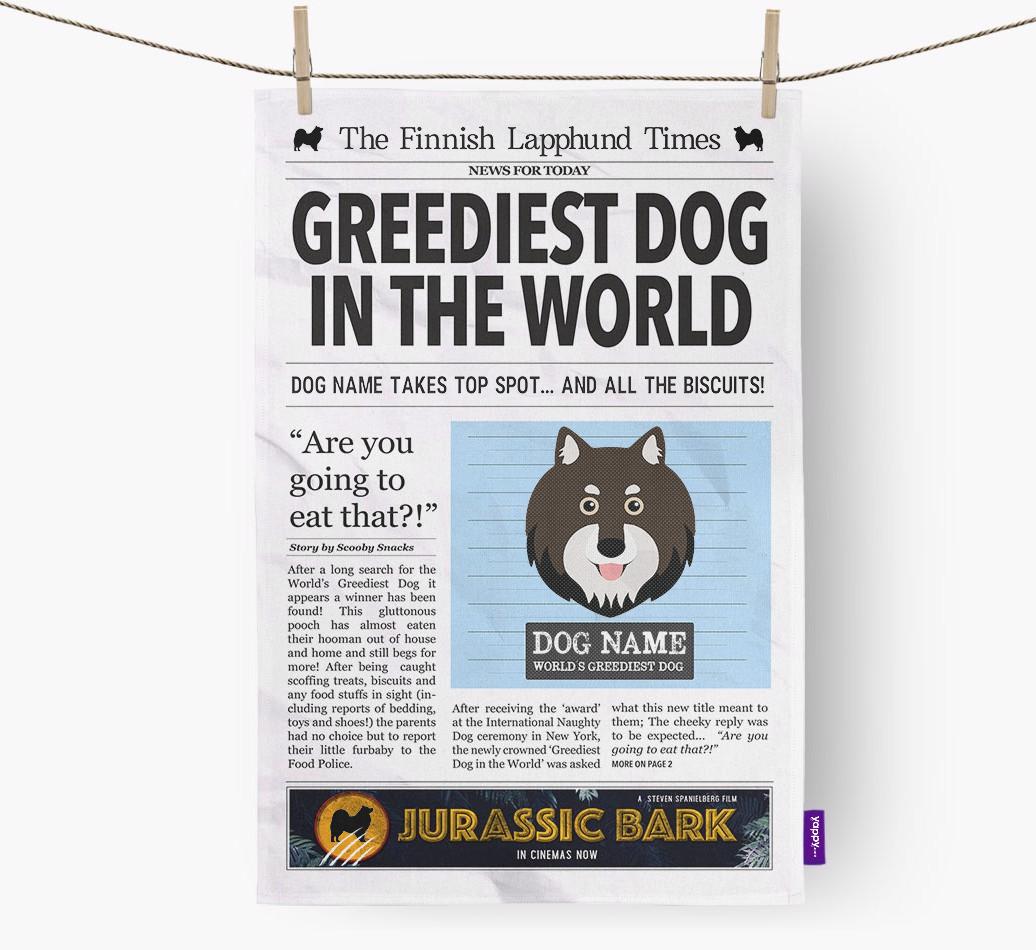 The {breedShortName} Times 'Greediest Dog In The World' Personalised Dish Towel