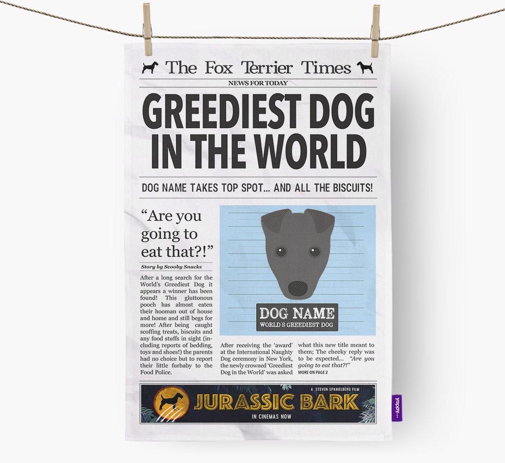 The {breedShortName} Times 'Greediest Dog In The World' Personalised Dish Towel