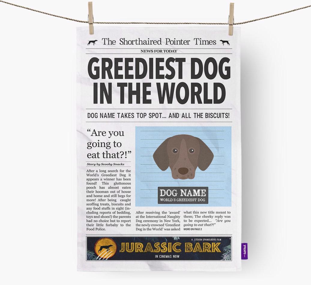 The {breedShortName} Times 'Greediest Dog In The World' Personalised Dish Towel