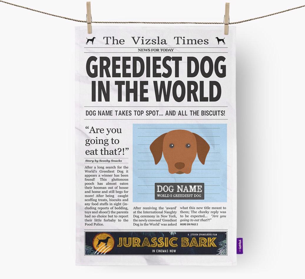 The {breedShortName} Times 'Greediest Dog In The World' Personalised Tea Towel