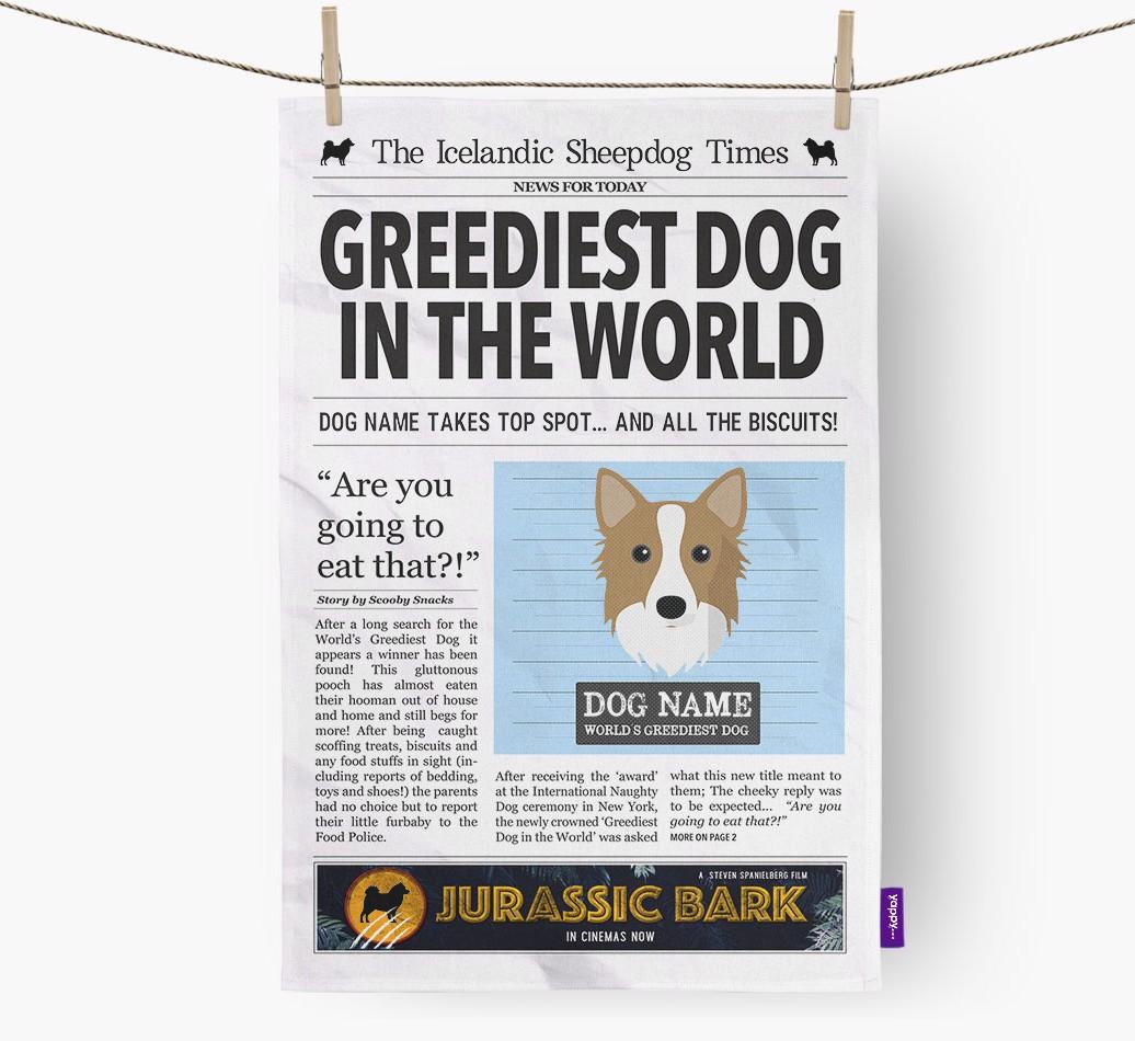 The {breedShortName} Times 'Greediest Dog In The World' Personalised Dish Towel
