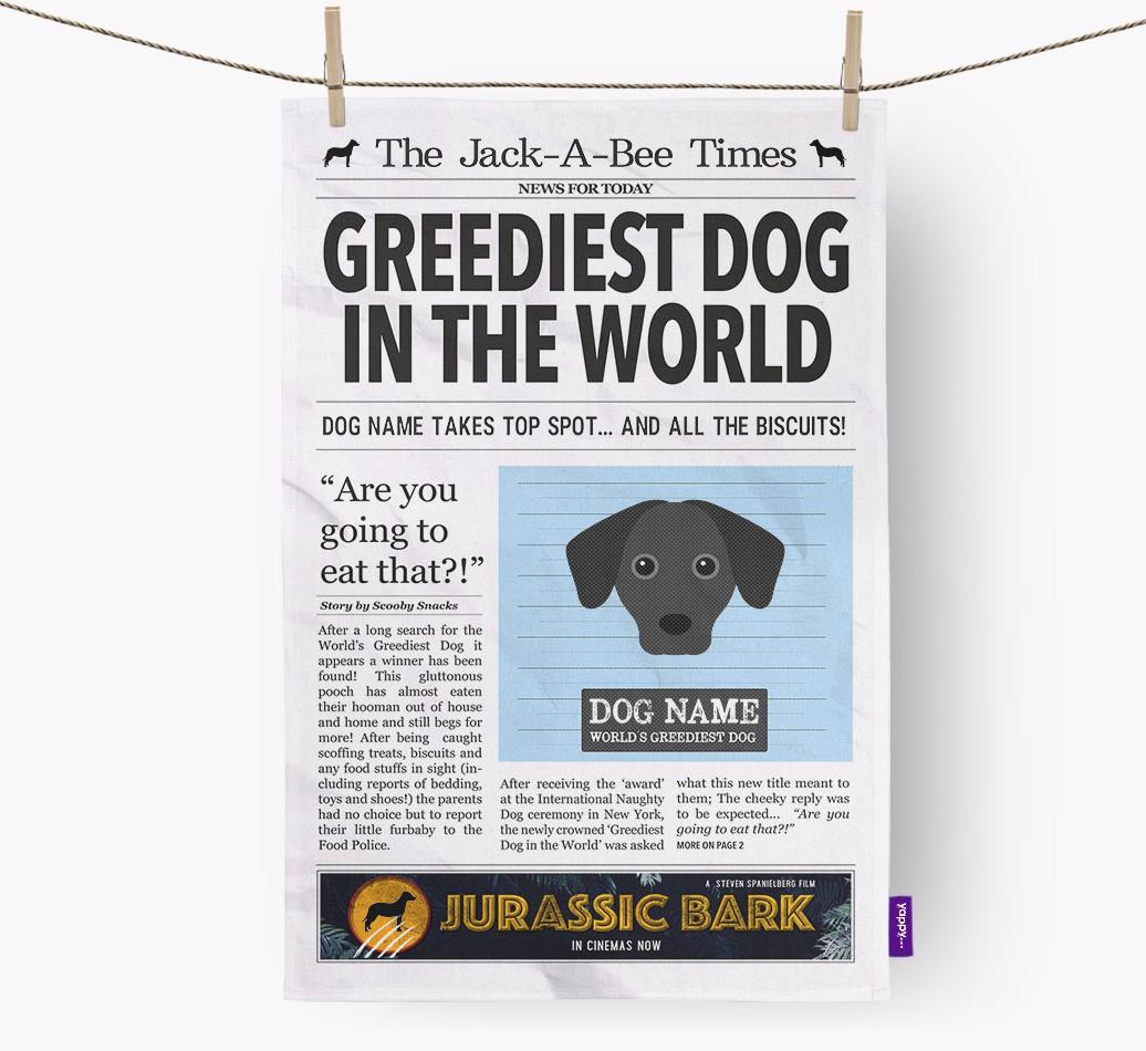 The {breedShortName} Times 'Greediest Dog In The World' Personalised Dish Towel