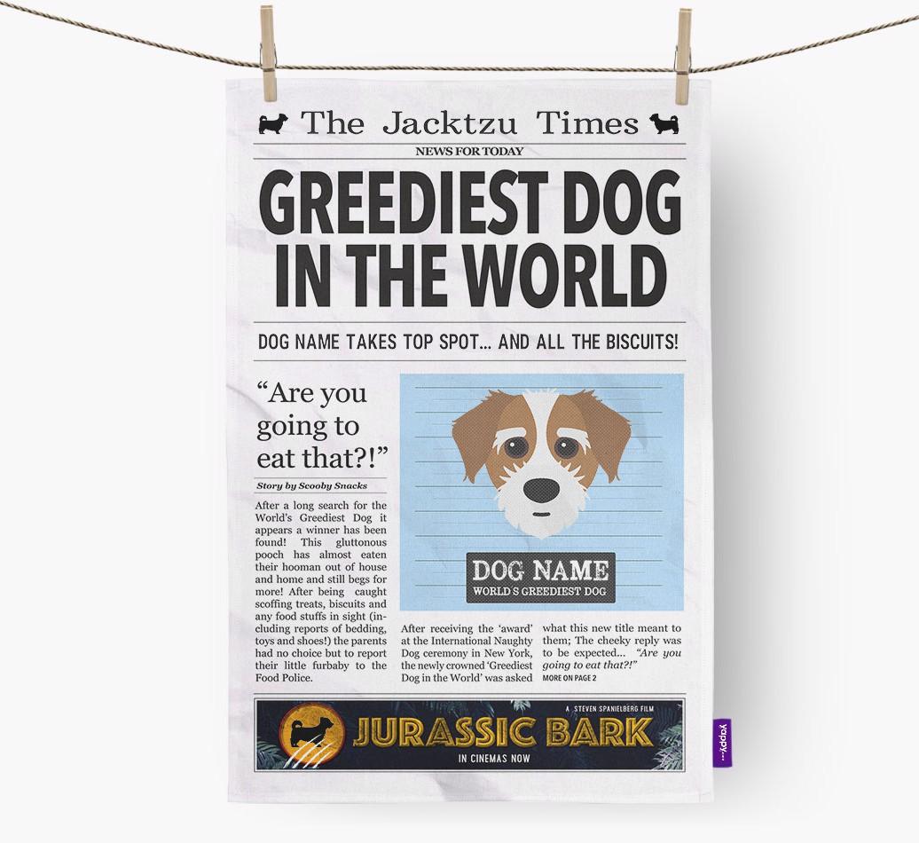 The {breedShortName} Times 'Greediest Dog In The World' Personalised Dish Towel