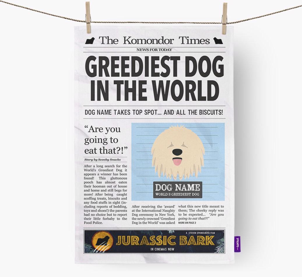 The {breedShortName} Times 'Greediest Dog In The World' Personalised Dish Towel