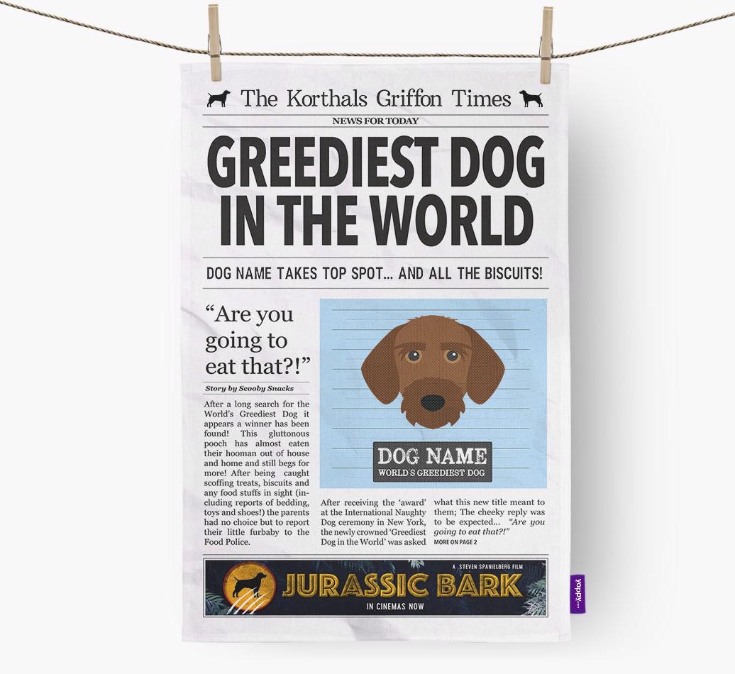 The {breedShortName} Times 'Greediest Dog In The World' Personalised Dish Towel