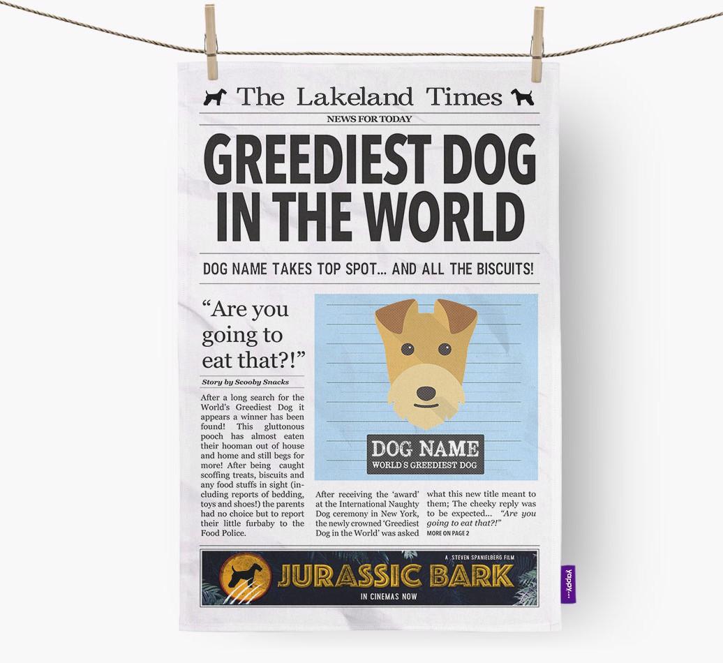 The {breedShortName} Times 'Greediest Dog In The World' Personalised Dish Towel