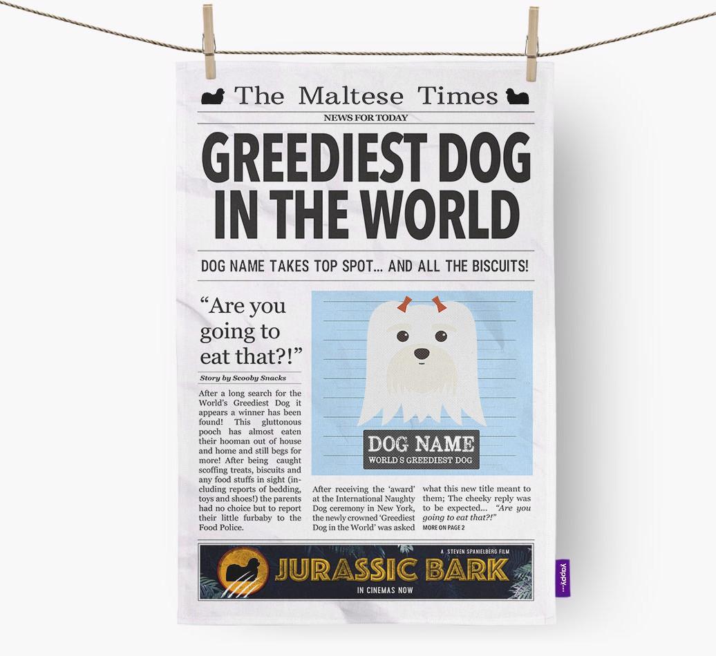 The {breedShortName} Times 'Greediest Dog In The World' Personalised Dish Towel