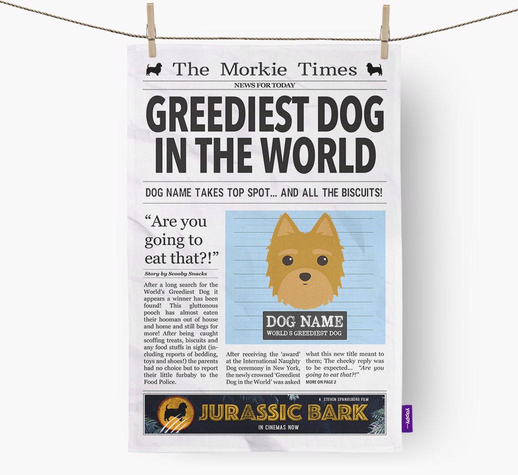 The {breedShortName} Times 'Greediest Dog In The World' Personalised Dish Towel