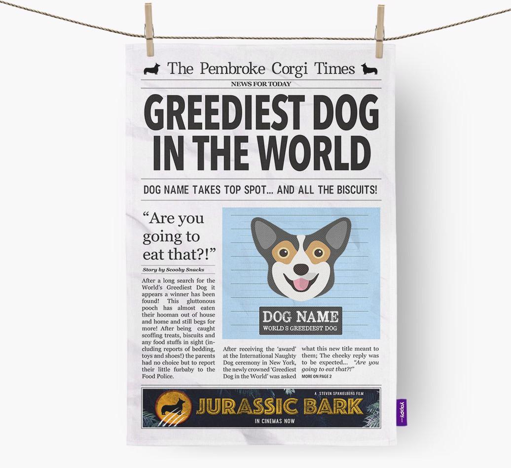 The {breedShortName} Times 'Greediest Dog In The World' Personalised Dish Towel