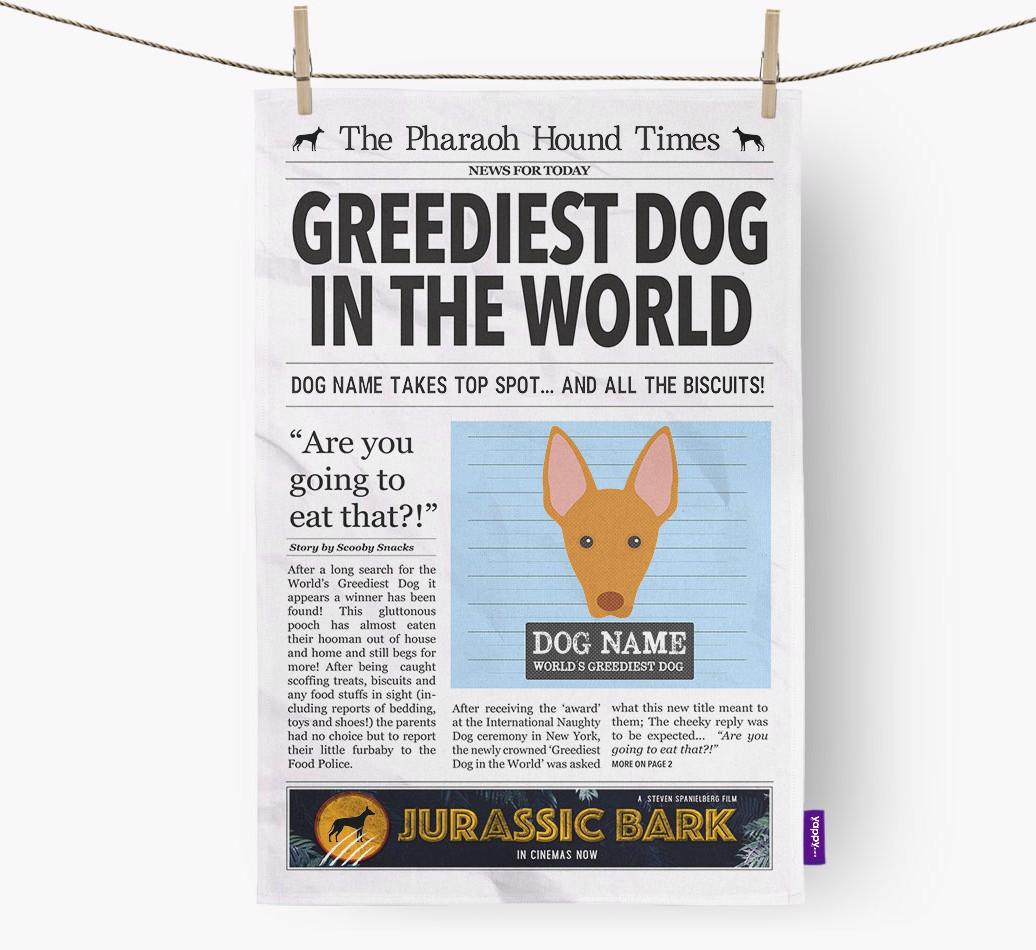 The {breedShortName} Times 'Greediest Dog In The World' Personalised Tea Towel