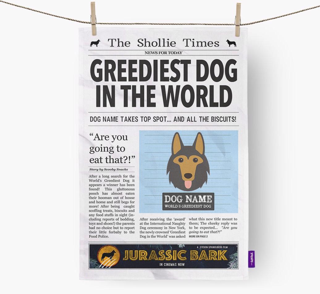 The {breedShortName} Times 'Greediest Dog In The World' Personalised Dish Towel