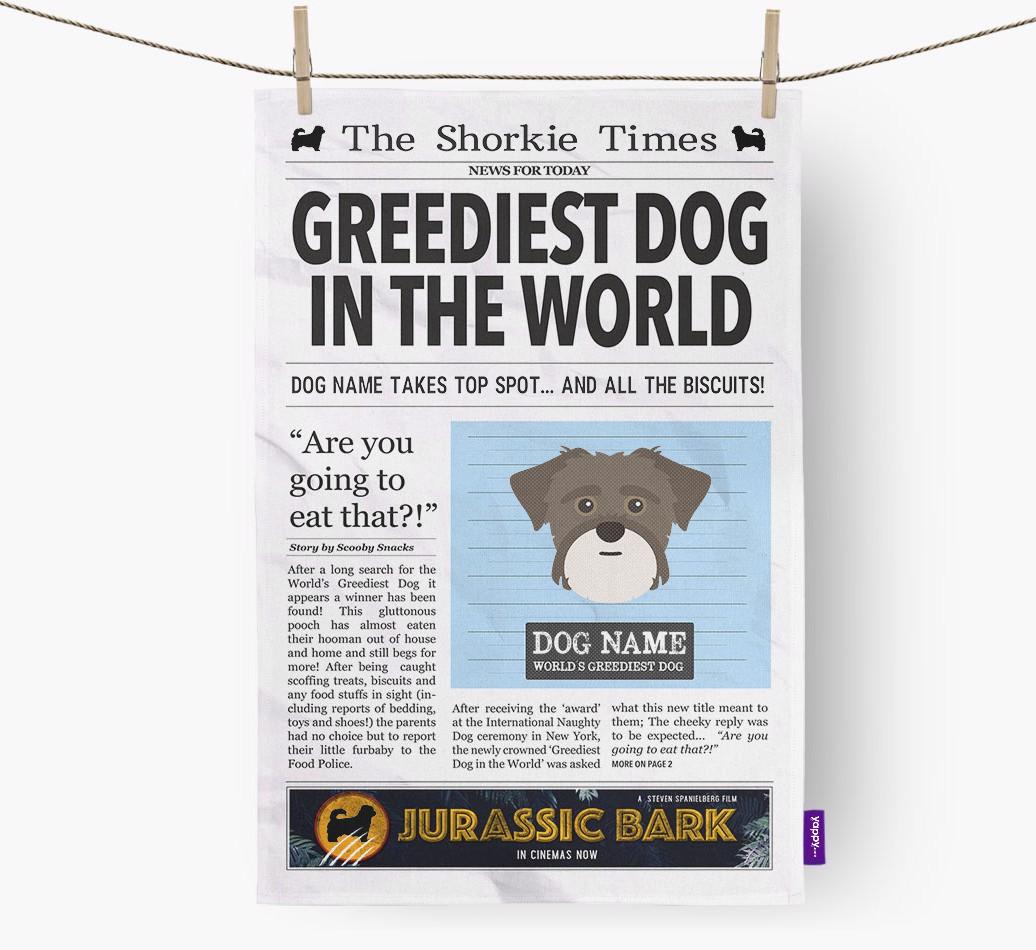 The {breedShortName} Times 'Greediest Dog In The World' Personalised Dish Towel