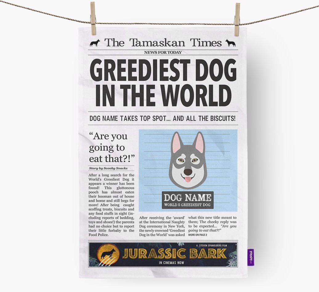 The {breedShortName} Times 'Greediest Dog In The World' Personalised Dish Towel