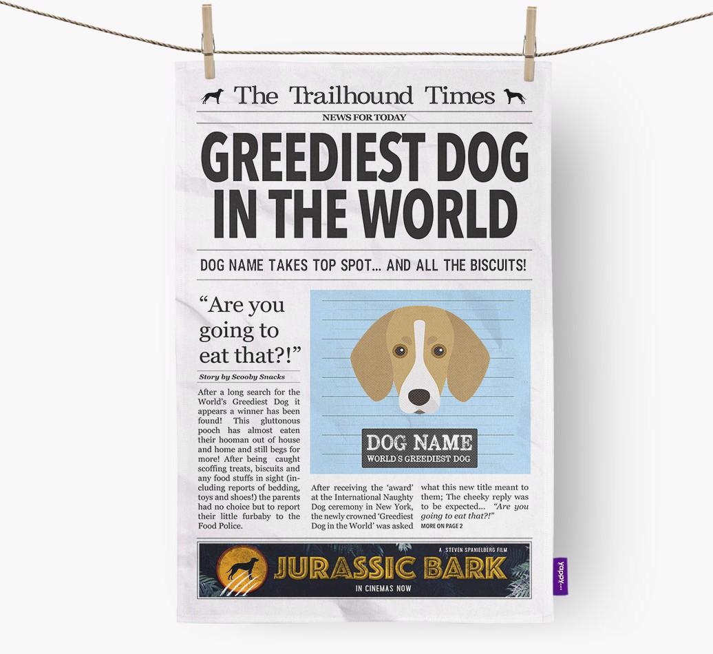 The {breedShortName} Times 'Greediest Dog In The World' Personalised Dish Towel
