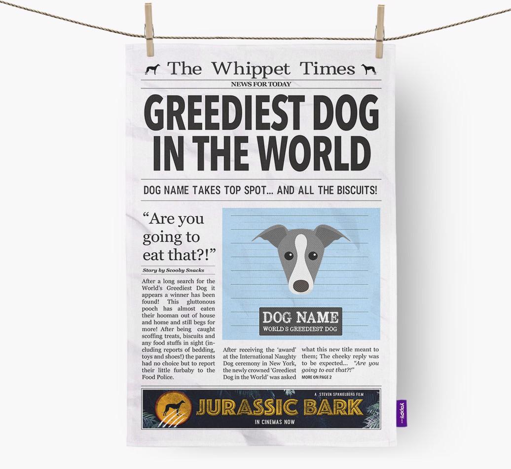 The {breedShortName} Times 'Greediest Dog In The World' Personalised Dish Towel