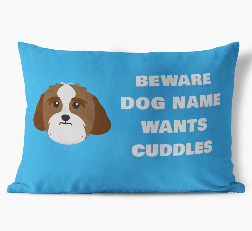 Beware of Cuddles: Personalized {breedFullName} Soft Touch Pillow