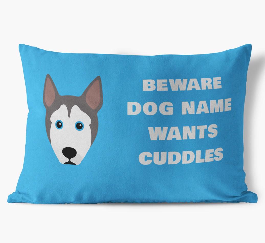 Beware of Cuddles: Personalized {breedFullName} Soft Touch Pillow