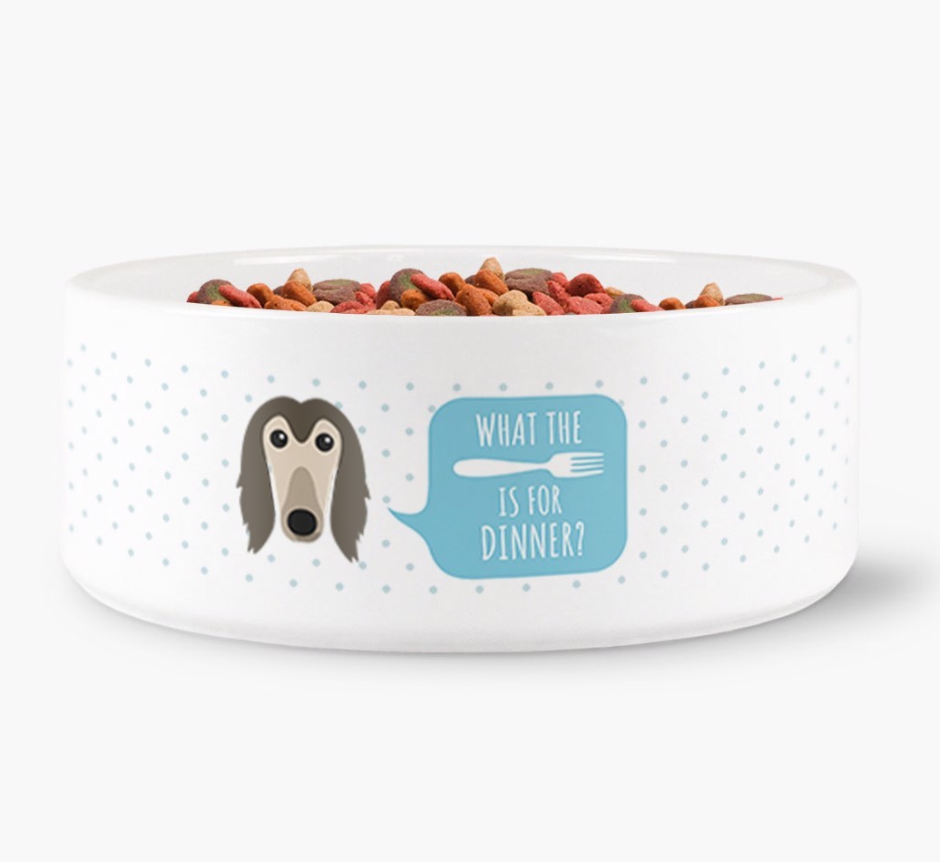 'What's for dinner?' Dog Bowl for your {breedFullName}