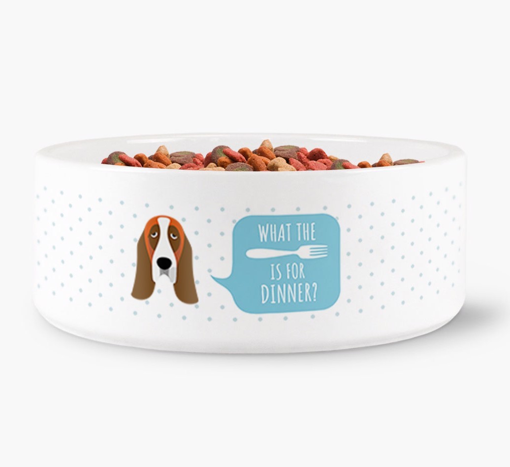 'What's for dinner?' Dog Bowl for your {breedFullName}