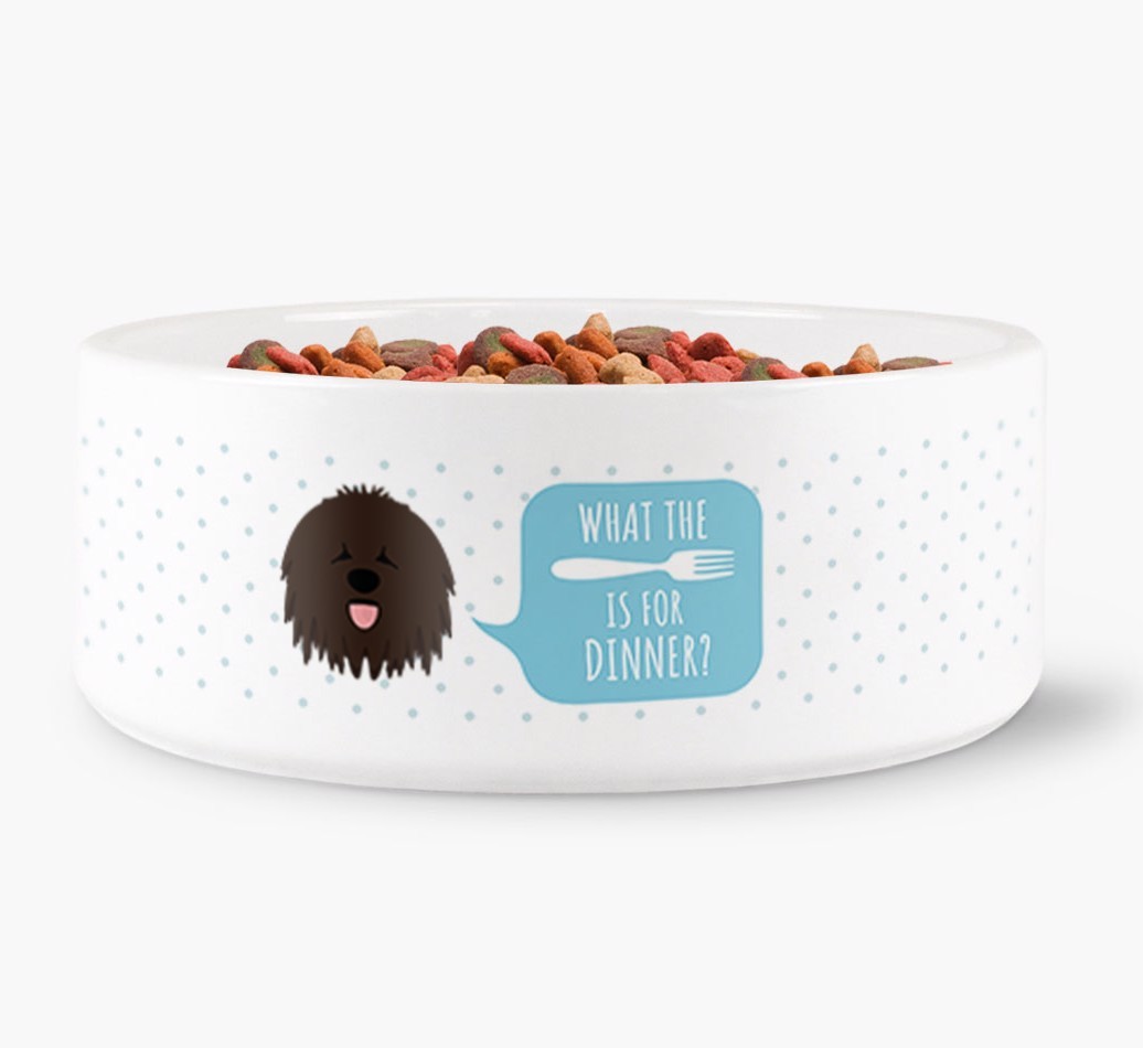 'What's for dinner?' Dog Bowl for your {breedFullName}