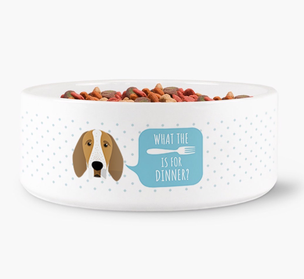 'What's for dinner?' Dog Bowl for your {breedFullName}