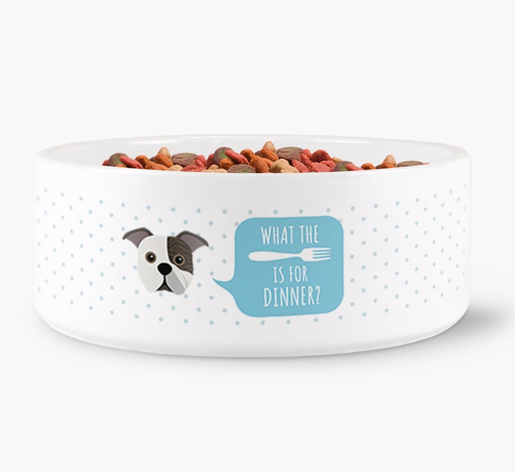 'What's for dinner?' Dog Bowl for your {breedFullName}
