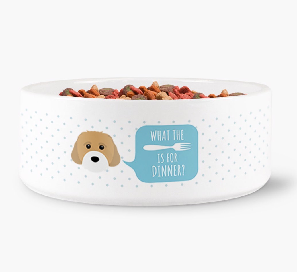 'What's for dinner?' Dog Bowl for your {breedFullName}