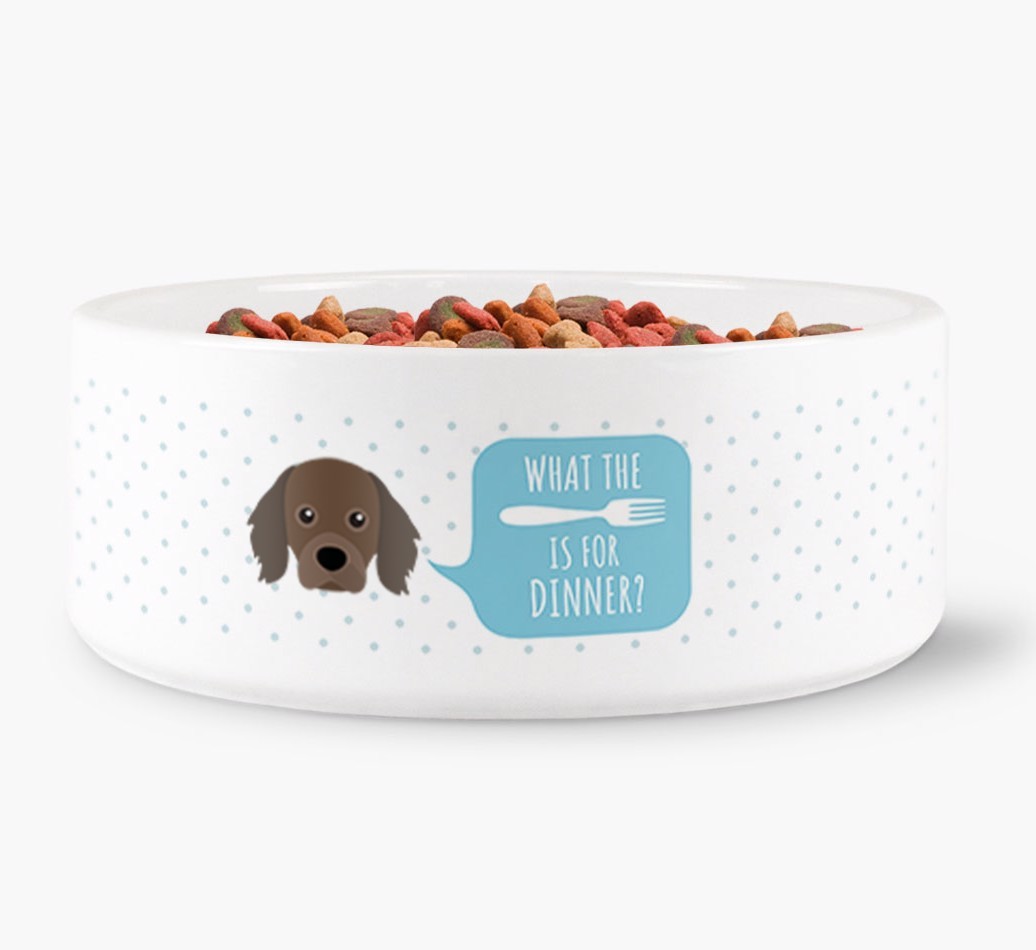 'What's for dinner?' Dog Bowl for your {breedFullName}