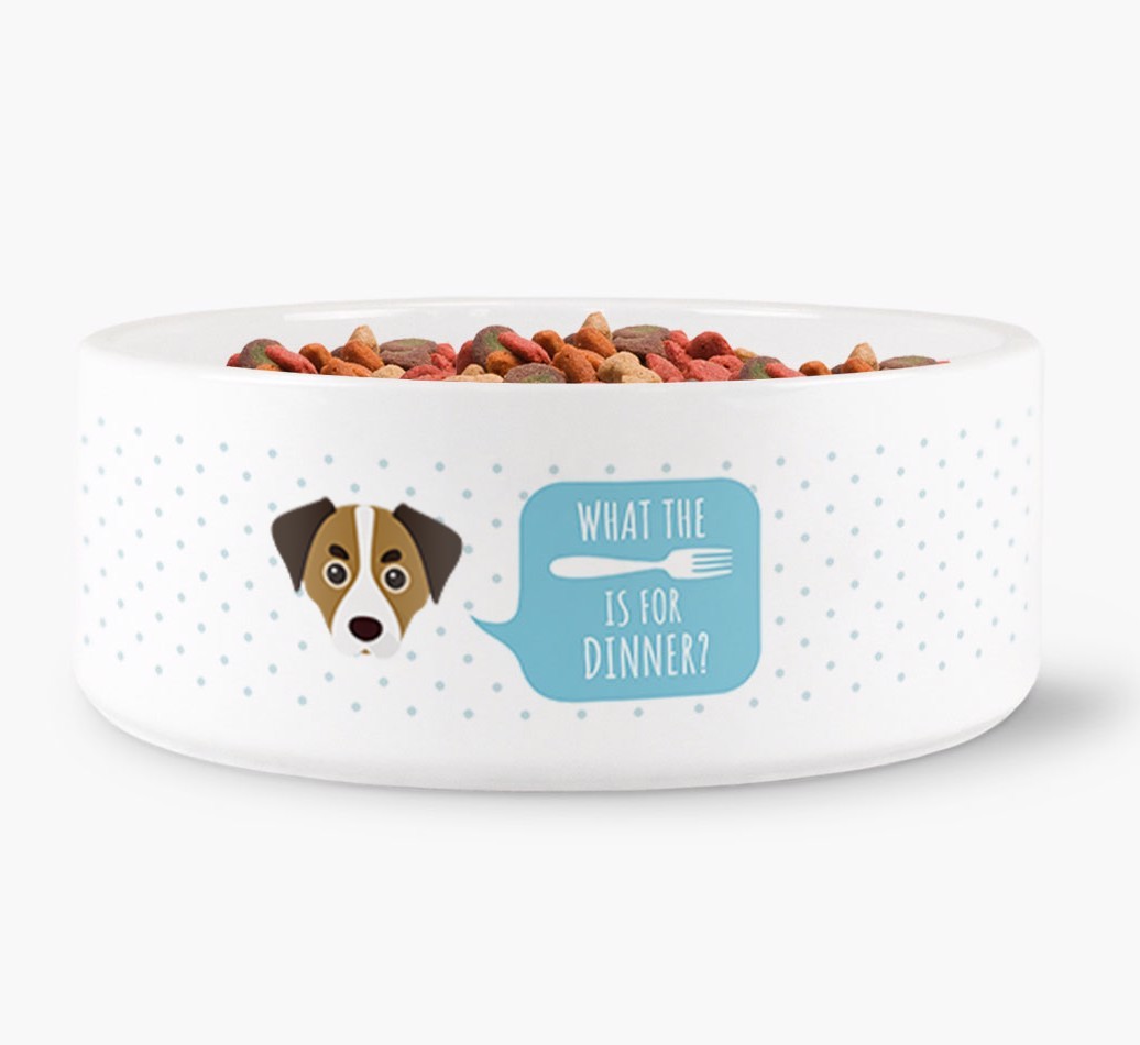 'What's for dinner?' Dog Bowl for your {breedFullName}